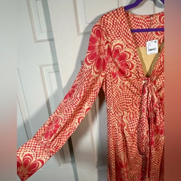 Free People Button front, tie detail, retro maxi dress, orange cream red - Picture 7 of 7